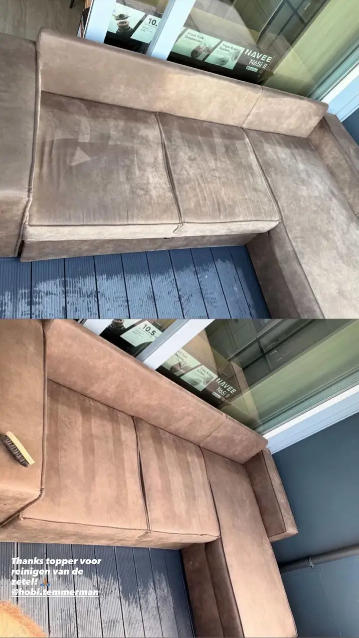 Suède-look · voor en na — resultaat van The Cleaning Company